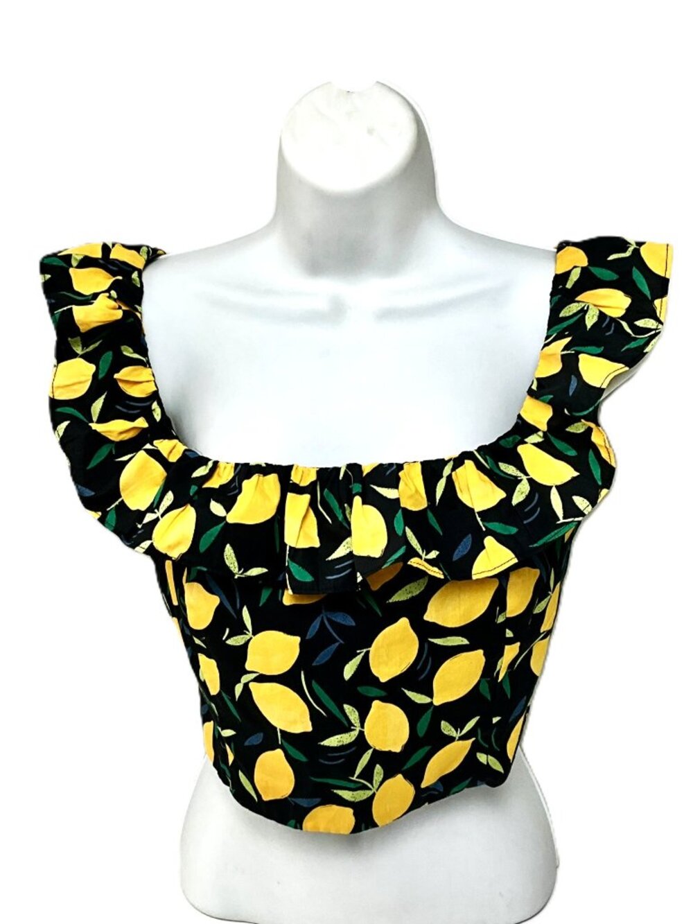 GLAMOROUS Lemon Print Ruffle Crop Top Open Back Tie Cottom Size US 8